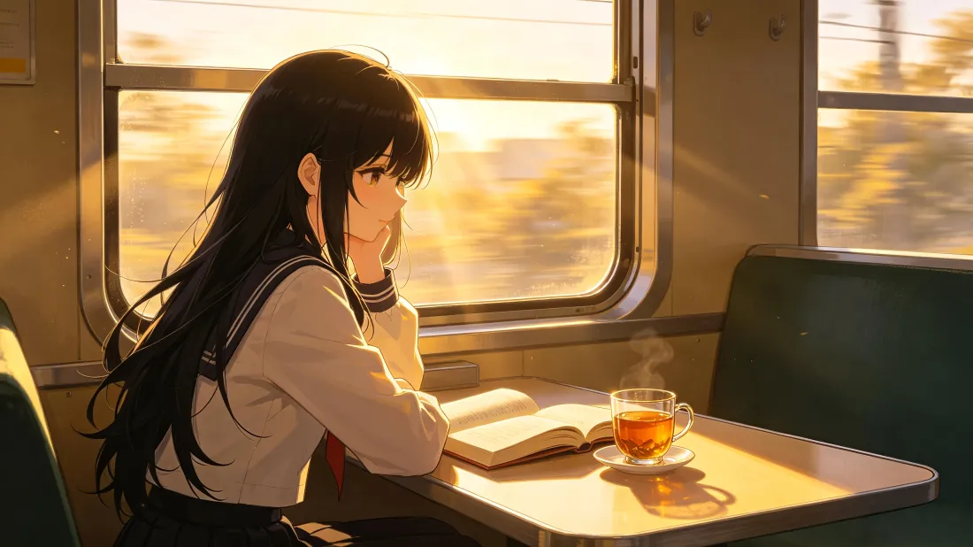 4k二次元少女｜火车窗边背景图片 - 夕阳水手服沉思「哲风壁纸」