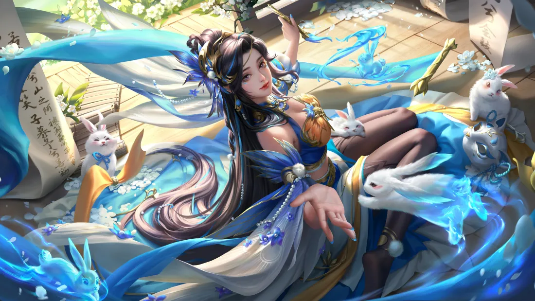 4k三国杀李婉壁纸｜春光烂漫背景图片 - 蓝裙白兔古风「哲风壁纸」
