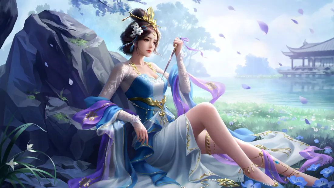 4k三国杀夏侯令女壁纸｜古风园林背景图片 - 蓝紫古装水畔落花「哲风壁纸」