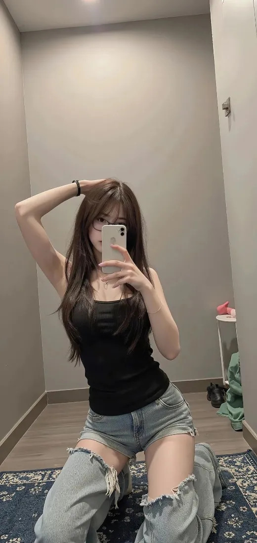 性感美女自拍手机壁纸｜对镜自拍背景图片 - 黑色吊带破洞牛仔裤穿搭「哲风壁纸」