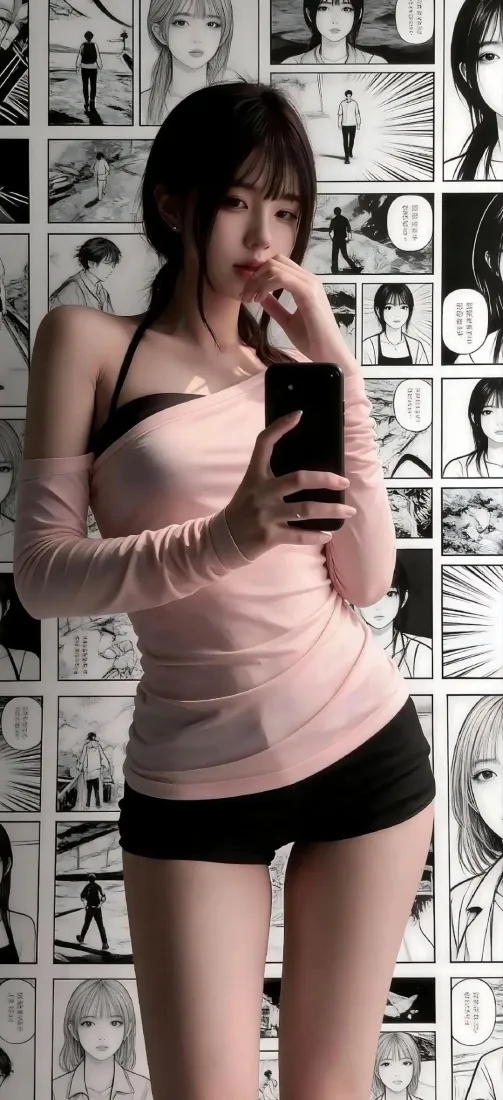粉衣美女手机壁纸｜漫画墙背景图片 - 对镜自拍纯欲穿搭「哲风壁纸」