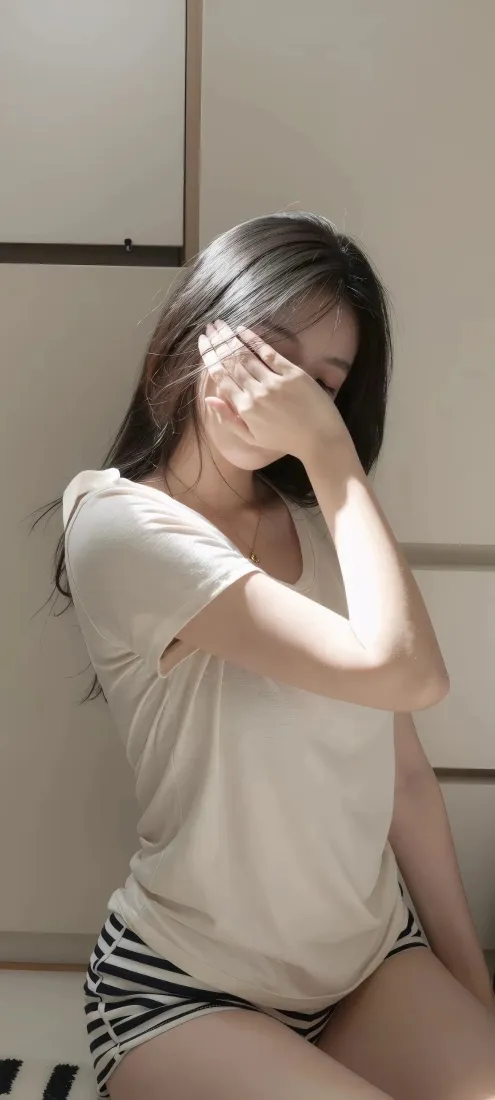 居家美女手机壁纸｜室内休闲背景图片 - 白T恤短裤好身材「哲风壁纸」