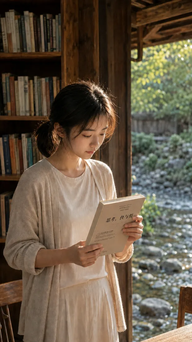 少女阅读手机壁纸｜书房窗边背景图片 - 暖光溪流治愈氛围「哲风壁纸」