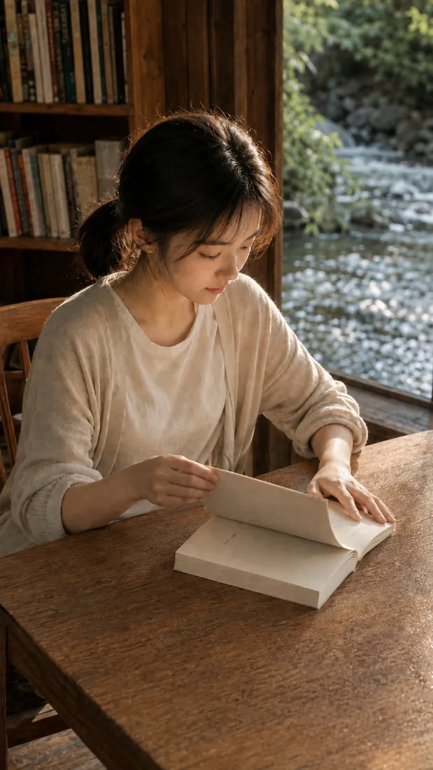 窗边阅读少女手机壁纸｜暖光木桌背景图片 - 静谧居家氛围「哲风壁纸」