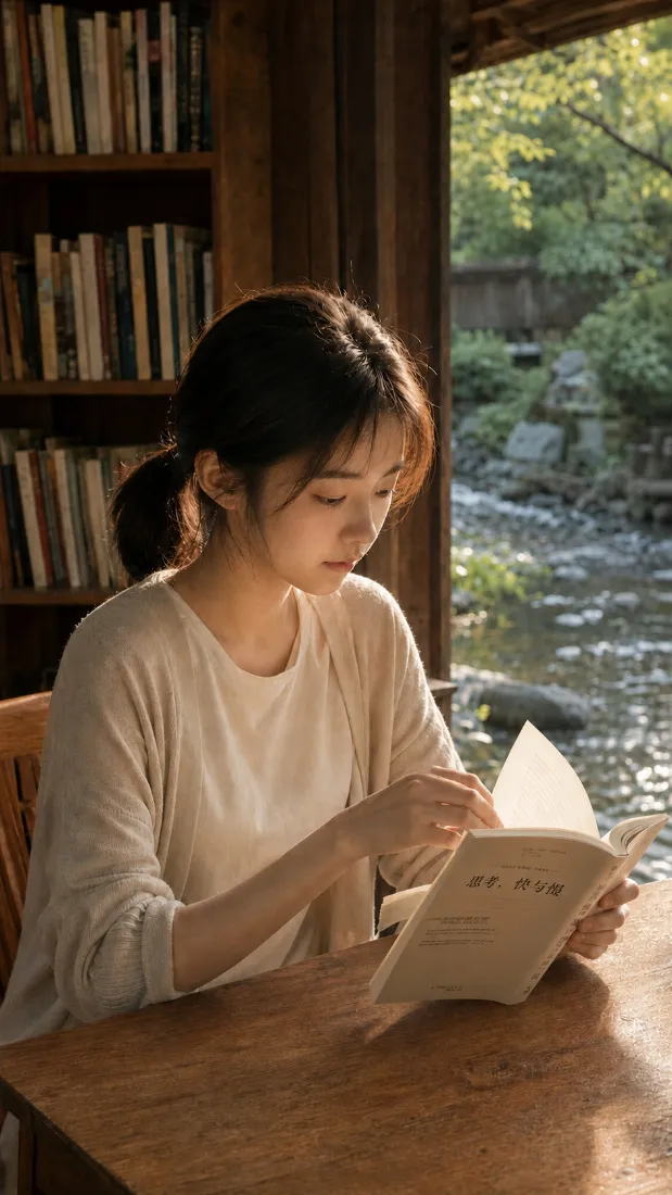 阅读少女手机壁纸｜窗边书桌背景图片 - 暖光溪流静谧氛围「哲风壁纸」