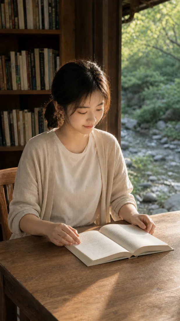 阅读少女手机壁纸｜窗边书桌背景图片 - 治愈溪流风景「哲风壁纸」