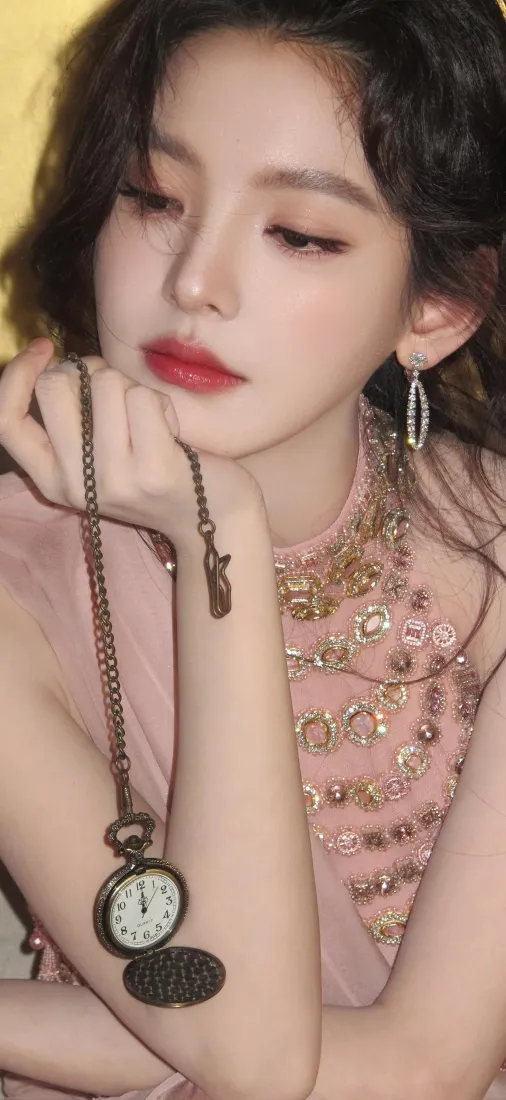 复古美女手机壁纸｜粉色亮片裙背景图片 - 托腮持怀表温柔迷人「哲风壁纸」