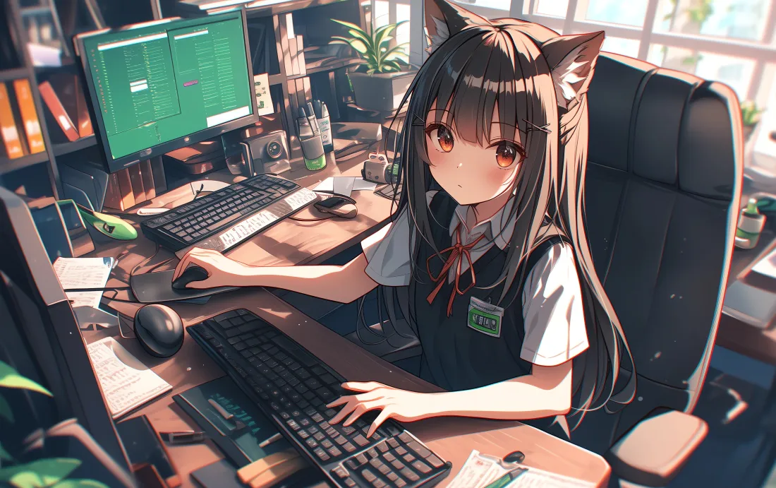 6k猫耳少女电脑工作｜办公室背景图片 - 二次元制服女孩「哲风壁纸」