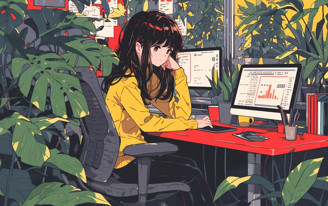 6k动漫女孩壁纸｜办公室工作背景图片 - 绿植环绕托腮办公场景「哲风壁纸」