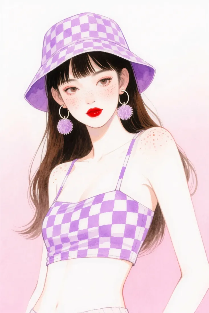 紫格穿搭女孩手机壁纸｜粉紫渐变背景图片 - 时尚女性半身像「哲风壁纸」