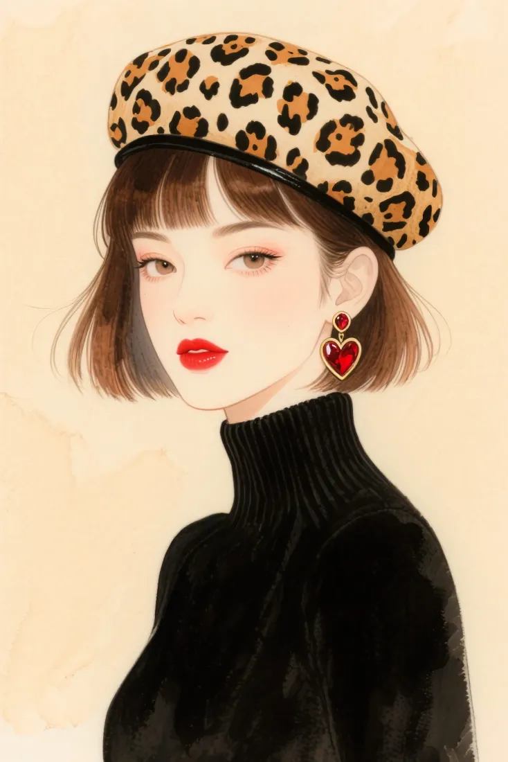 豹纹贝雷帽美女手机壁纸｜复古风背景图片 - 时尚女性插画「哲风壁纸」
