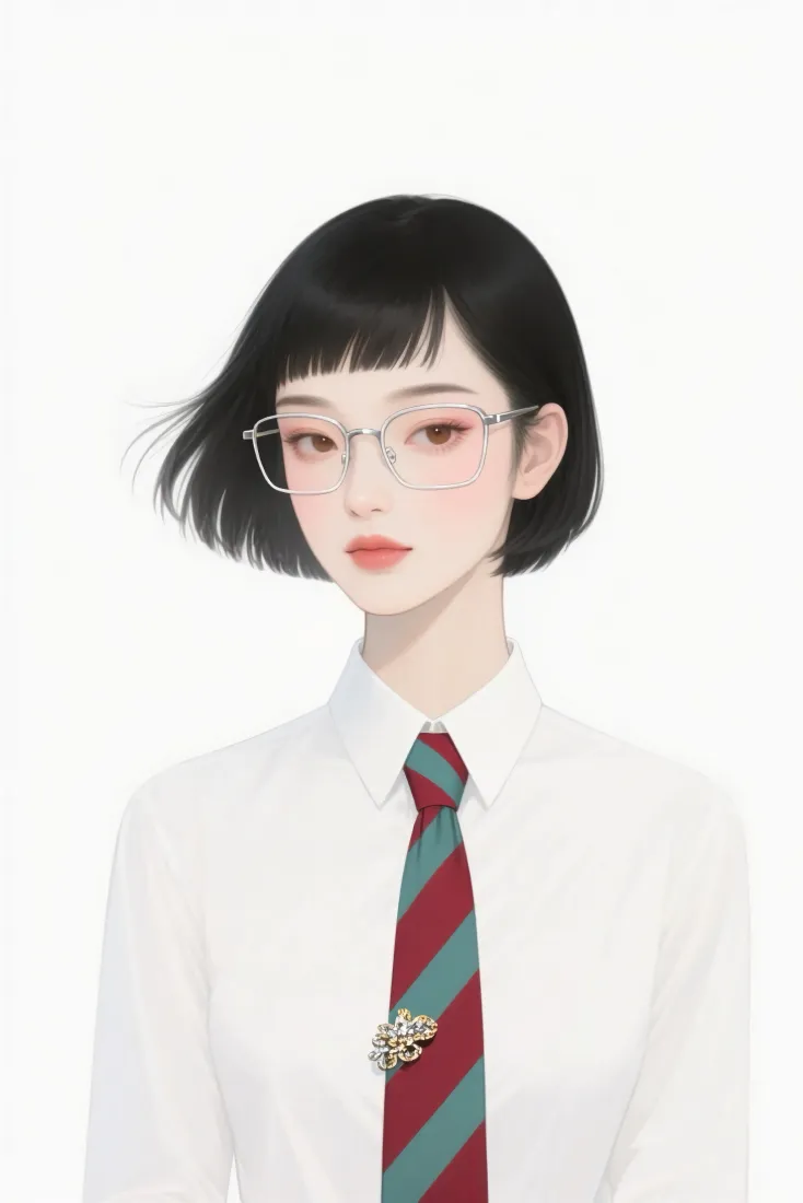 短发眼镜女生手机壁纸｜白衬衫领带背景图片 - 简约时尚人像插画「哲风壁纸」