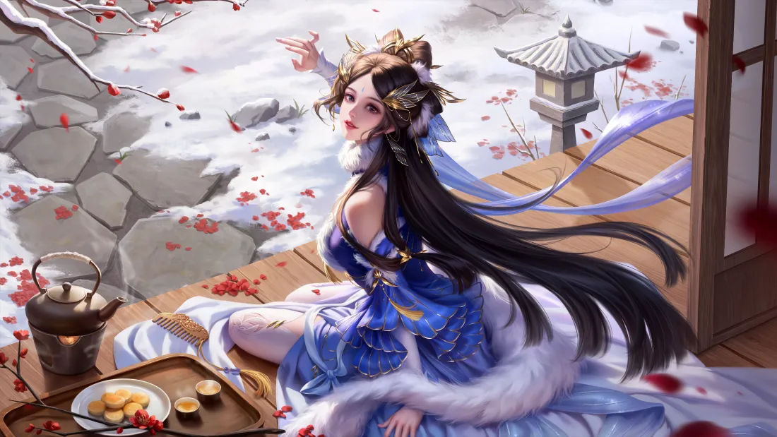 4k三国杀莫琼树壁纸｜雪天红梅煮茶背景图片 - 魏宫四美古风佳人「哲风壁纸」