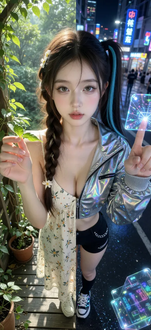分屏少女写真｜背景图片 - 清新绿植赛博都市双风格「哲风壁纸」