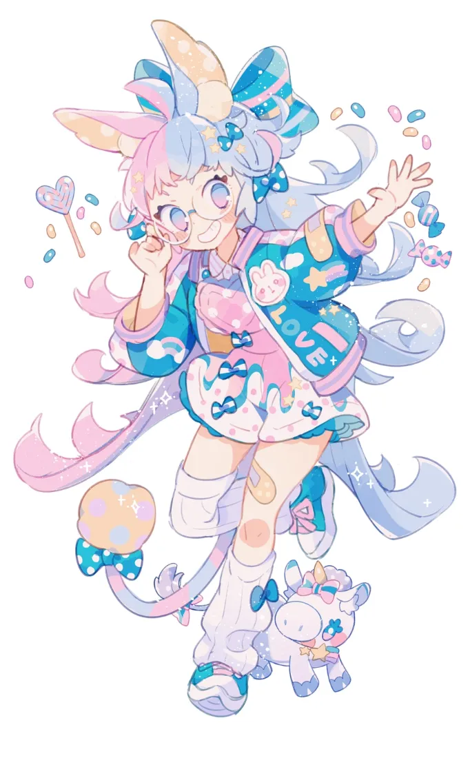 兽耳女孩手机壁纸｜可爱甜系背景图片 - 粉蓝配色糖果元素插画「哲风壁纸」