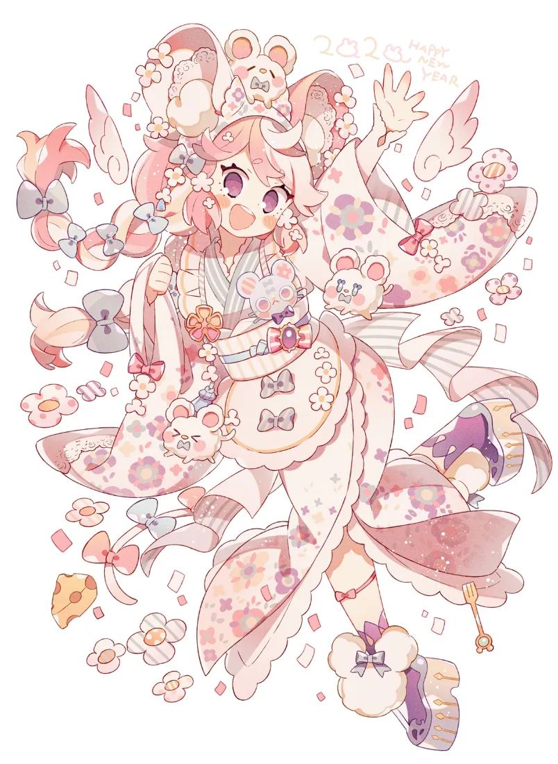 粉发可爱女孩手机壁纸｜甜系插画背景图片 - 小熊蝴蝶结和风少女「哲风壁纸」