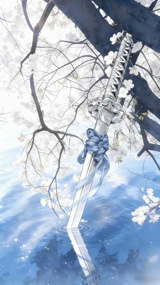 日式刀手机壁纸｜樱花水面背景图片 - 清冷和风插画「哲风壁纸」
