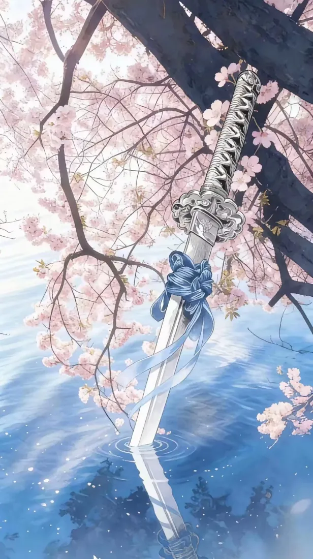 日式刀剑手机壁纸｜樱花水面背景图片 - 春日和风插画「哲风壁纸」