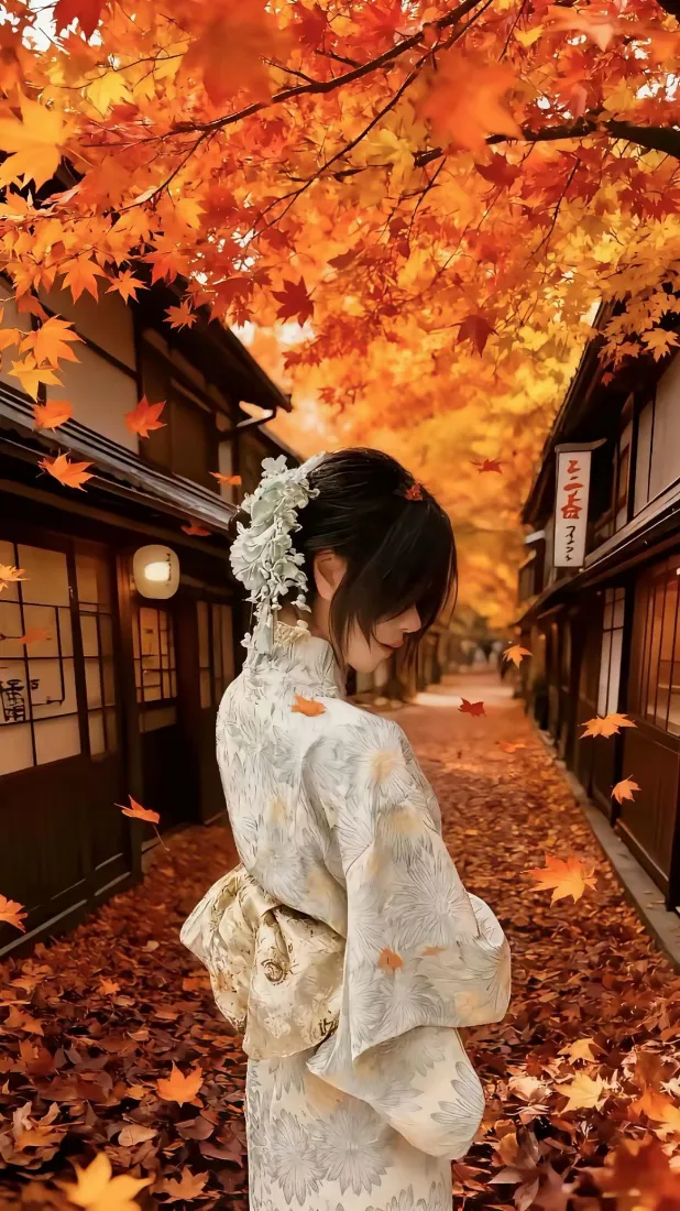 4k和服壁纸 - 落叶 - 少女 - 日常「哲风壁纸」