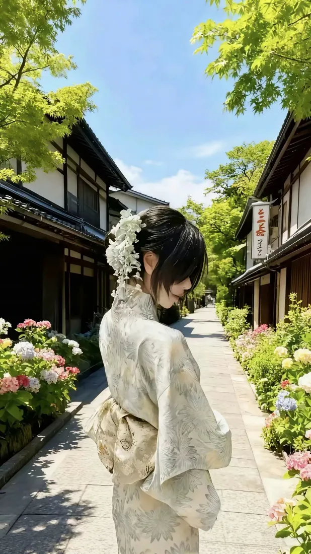 和服少女手机壁纸｜古街花径背景图片 - 晴日和风「哲风壁纸」