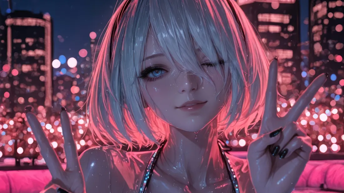 4k尼尔机械纪元2B壁纸｜霓虹都市背景图片 - 眨眼比耶短发少女「哲风壁纸」