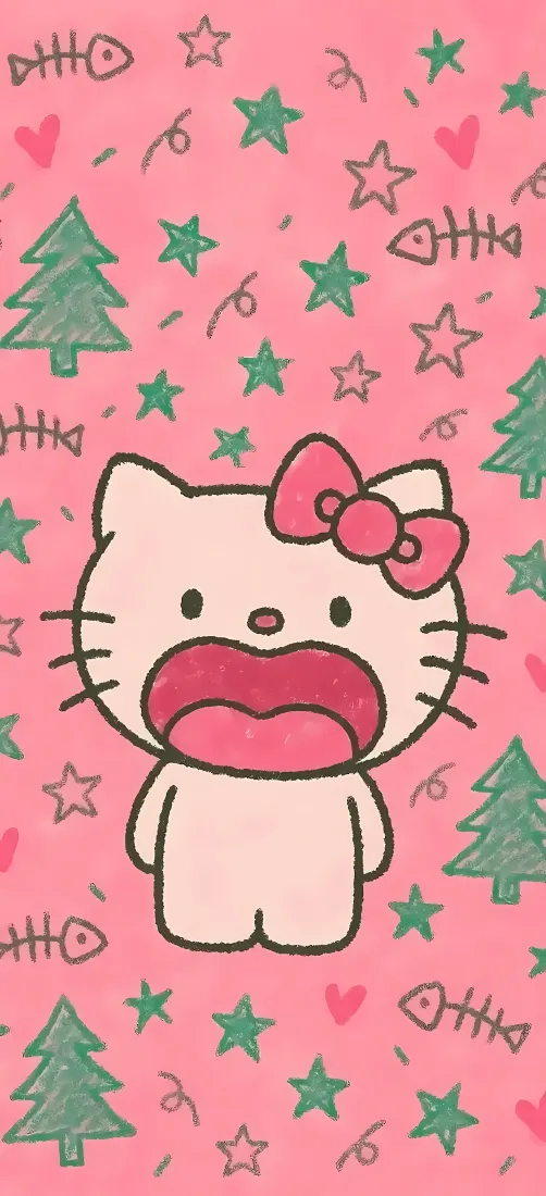 凯蒂猫手机壁纸｜粉色背景图片 - 张嘴惊讶圣诞树星星鱼骨爱心装饰「哲风壁纸」