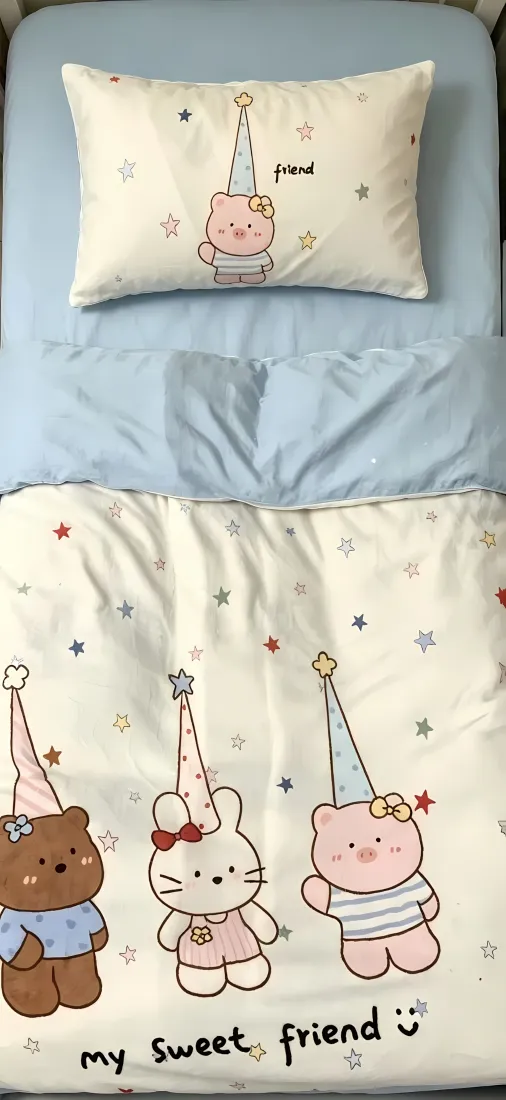 卡通动物床品手机壁纸｜浅蓝背景图片 - 可爱小熊兔子小猪「哲风壁纸」