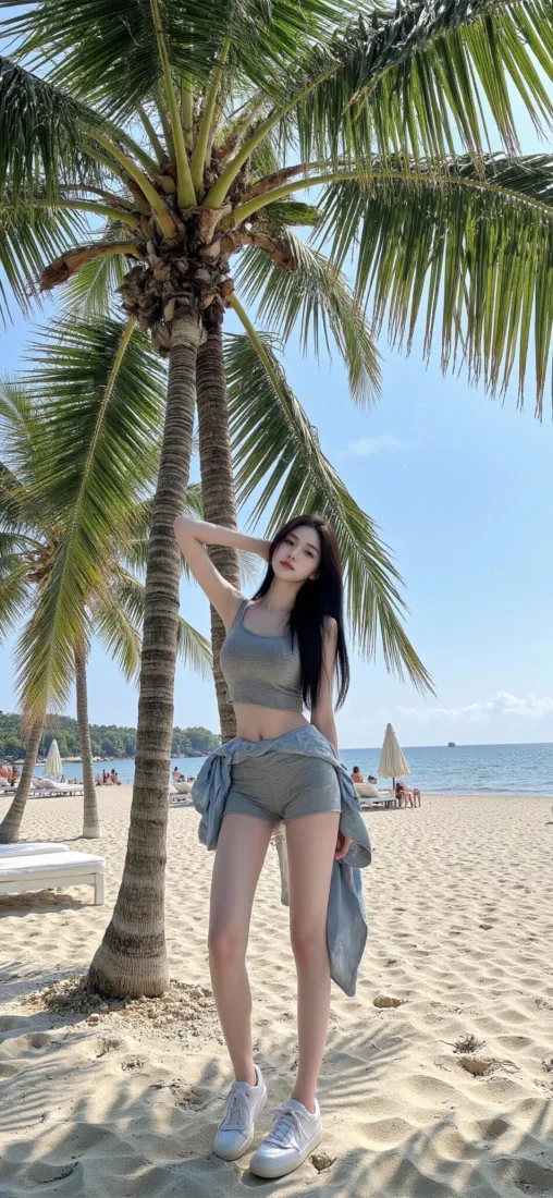 海边美女手机壁纸｜沙滩椰林背景图片 - 夏日休闲穿搭「哲风壁纸」