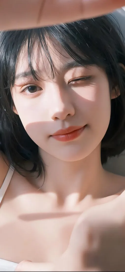 短发少女手机壁纸｜眨眼微笑背景图片 - 白吊带阳光光影「哲风壁纸」