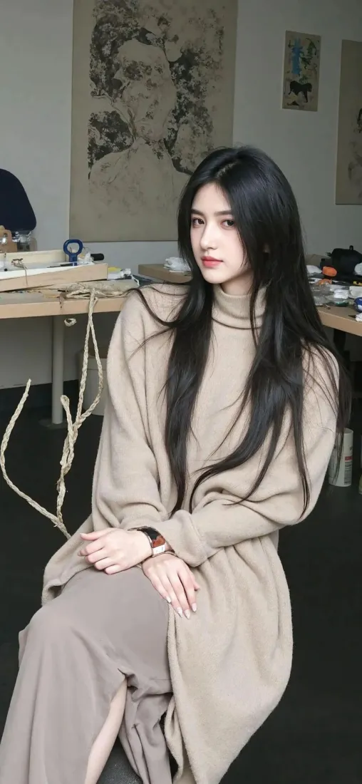 黑长直美女｜卡其色穿搭背景图片 - 室内艺术工作室「哲风壁纸」