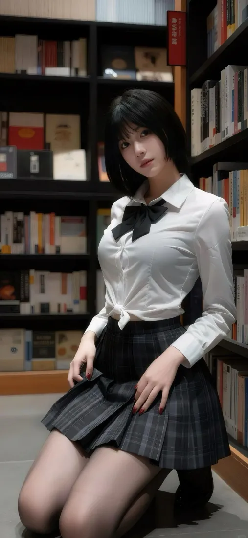JK少女手机壁纸｜书架前跪姿背景图片 - 黑丝学院风「哲风壁纸」