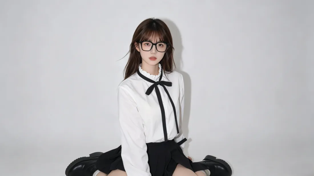 3k黑框眼镜少女壁纸｜白衬衫黑裙背景图片 - 学院风穿搭「哲风壁纸」