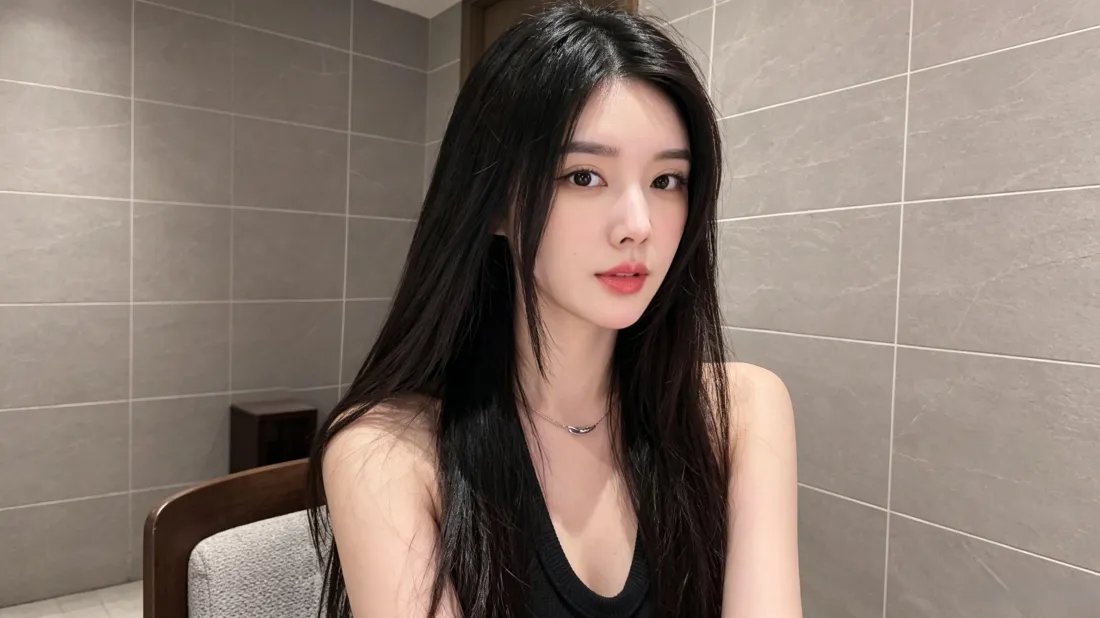 3k黑长直美女壁纸｜室内自拍背景图片 - 黑色无袖穿搭「哲风壁纸」