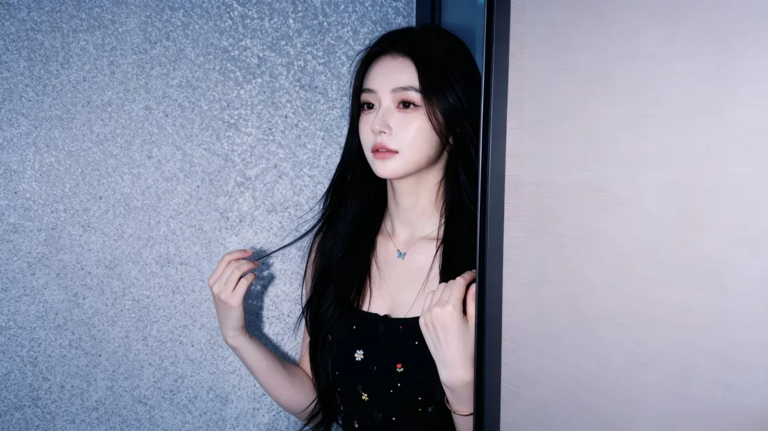 3k黑长直清冷美女壁纸｜窗边写真背景图片 - 黑色吊带冷感氛围「哲风壁纸」