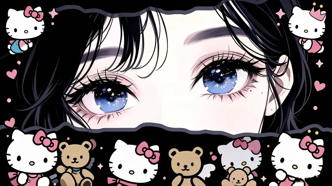 3kHello Kitty｜动漫女孩眼睛背景图片 - 甜酷可爱风插画「哲风壁纸」