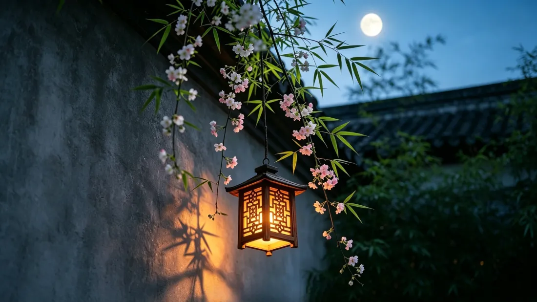 3k中式庭院｜月夜宫灯背景图片 - 竹影花枝古墙静谧夜景「哲风壁纸」