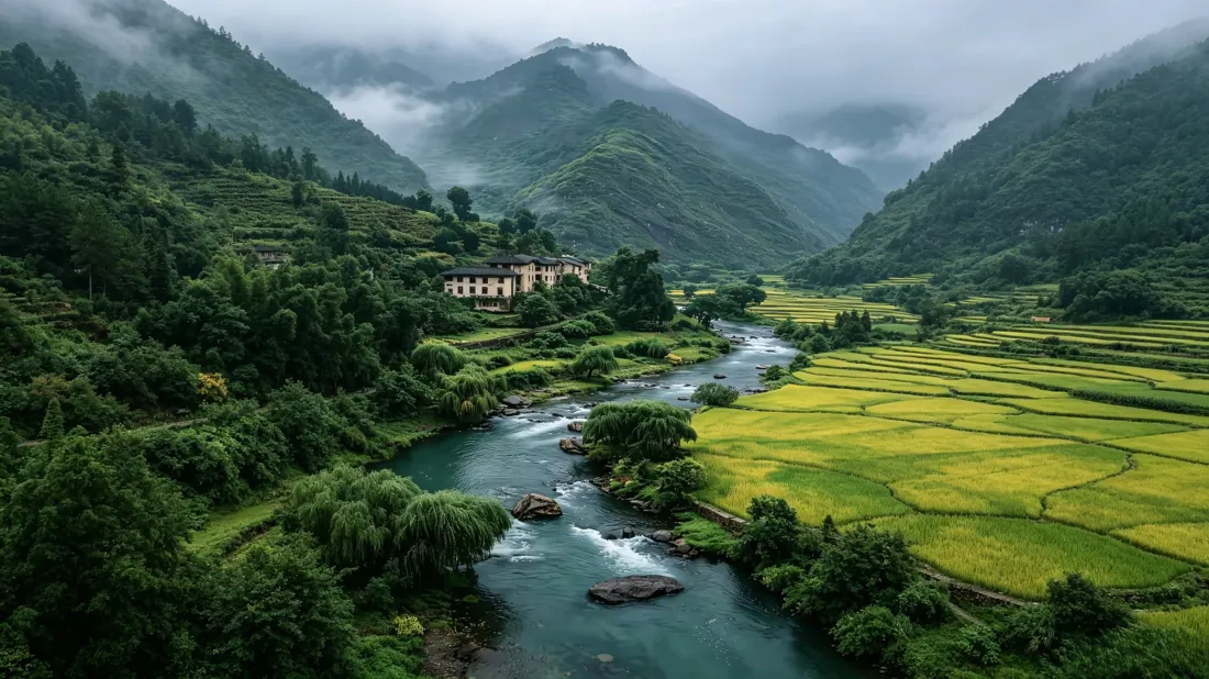 3k山谷田园风景｜乡村自然背景图片 - 青山河流稻田村落「哲风壁纸」