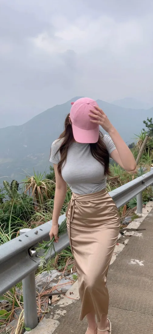 户外女生｜山间公路背景图片 - 粉帽灰上衣卡其裙「哲风壁纸」