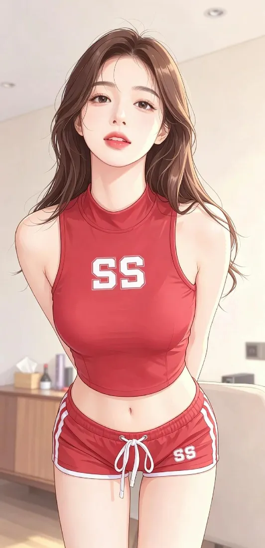 红衣运动风美女手机壁纸｜室内居家背景图片 - 韩系插画「哲风壁纸」