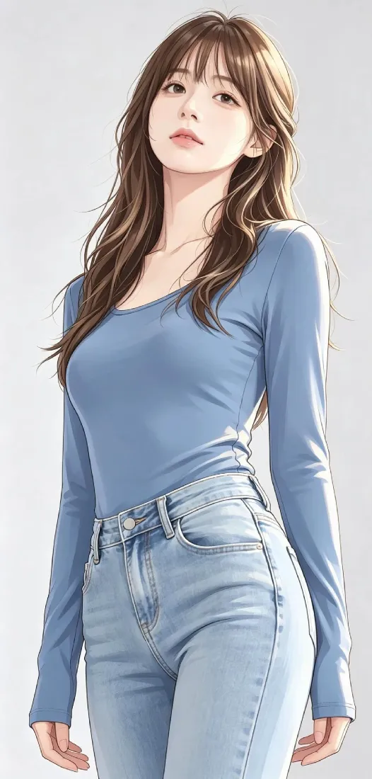 蓝衣牛仔裤美女手机壁纸｜简约背景图片 - 长发温柔女生「哲风壁纸」