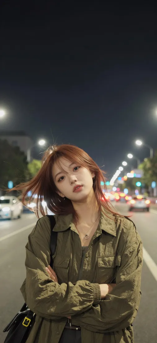 棕发女生手机壁纸｜城市夜景背景图片 - 军绿外套街拍「哲风壁纸」