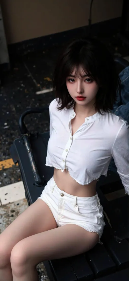 短发美女手机壁纸｜白衬衫白短裤背景图片 - 楼梯氛围感穿搭「哲风壁纸」