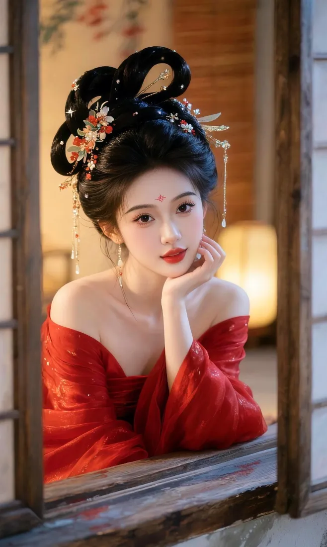 古风红衣美人手机壁纸｜窗边托腮背景图片 - 唐风汉服花钿造型「哲风壁纸」