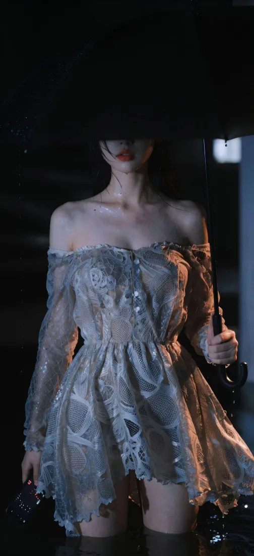 氛围感女生｜露肩蕾丝裙背景图片 - 黑帽红唇雨夜撑伞「哲风壁纸」