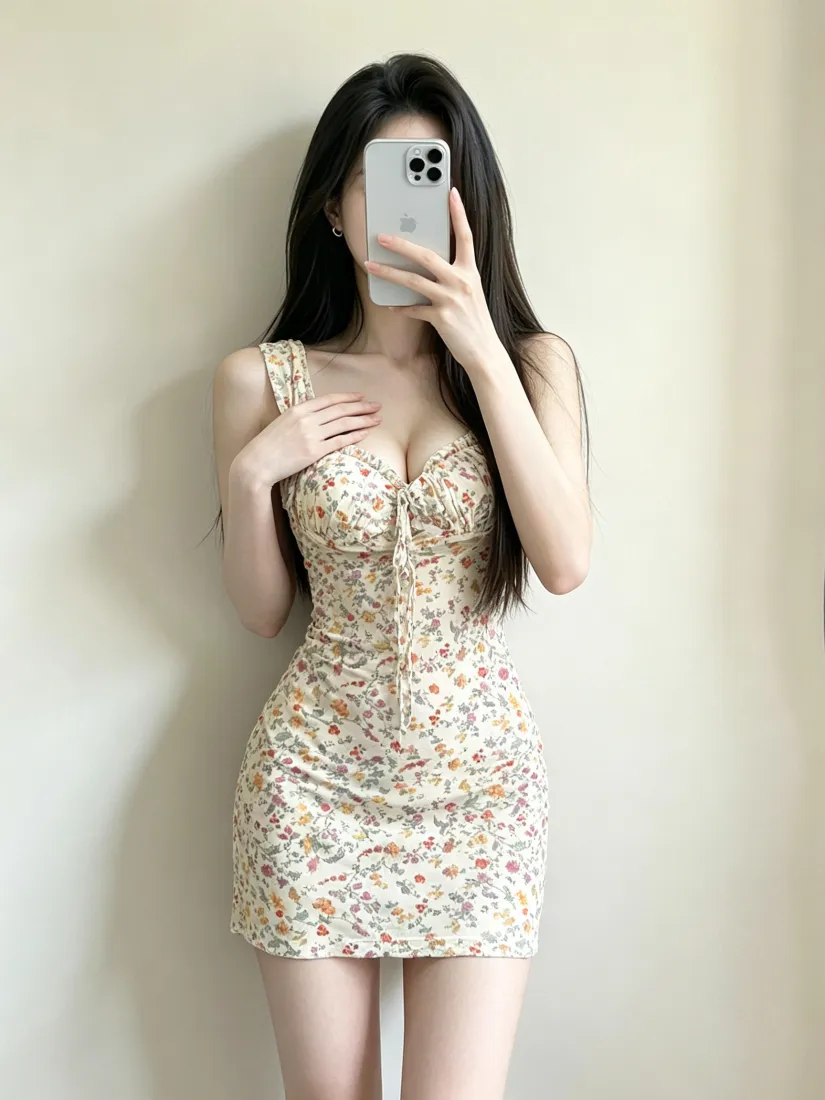碎花吊带裙美女手机壁纸｜对镜自拍背景图片 - 性感好身材「哲风壁纸」