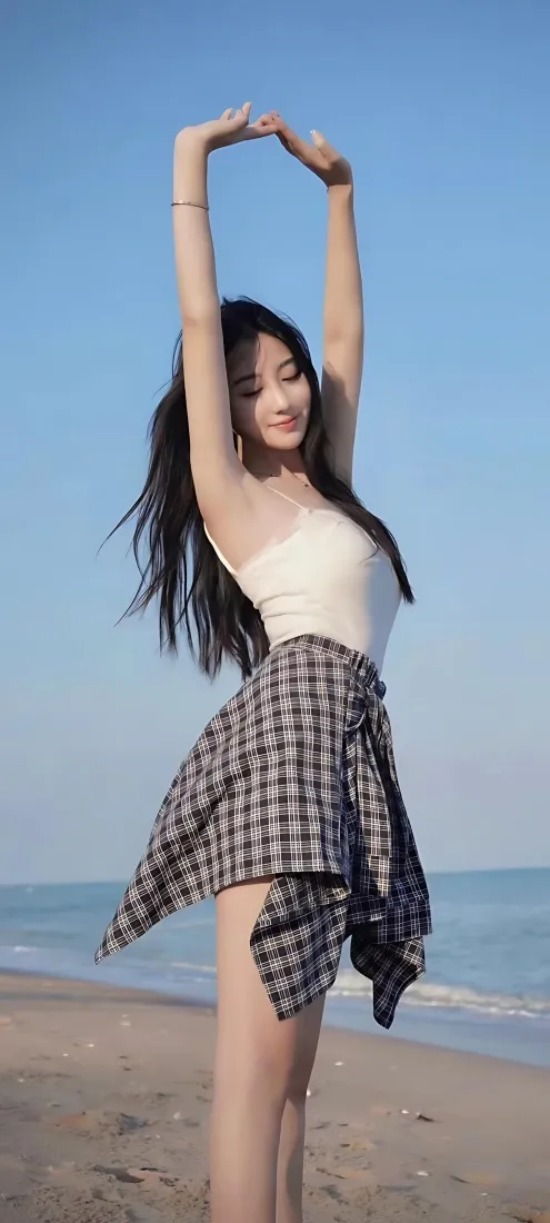 海边美女手机壁纸｜沙滩蓝天背景图片 - 白抹胸格纹穿搭氛围感写真「哲风壁纸」