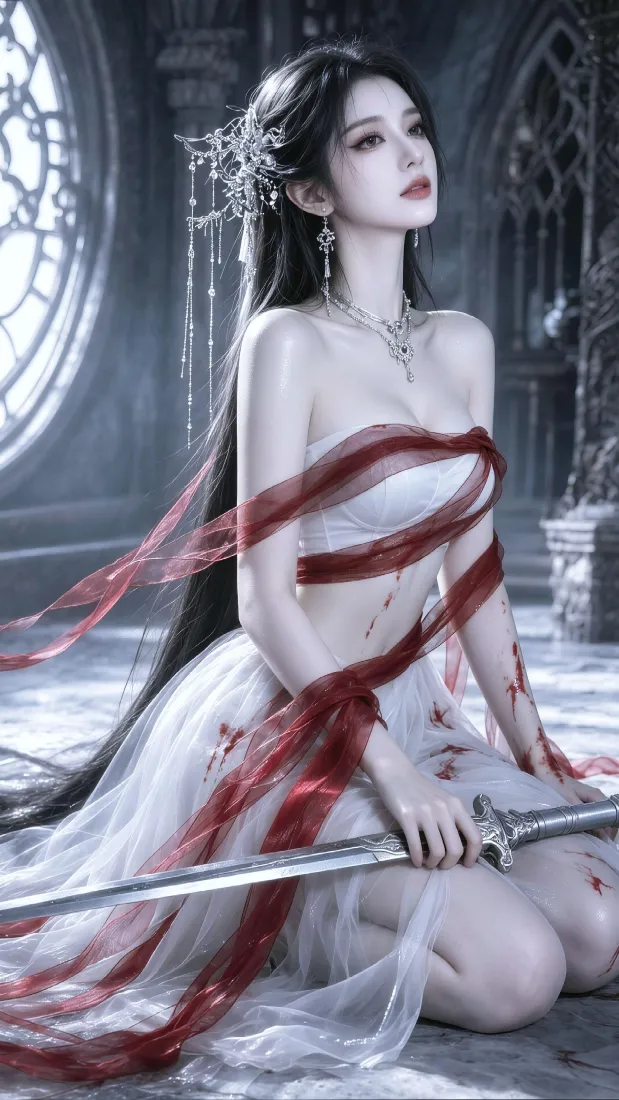 古风仙侠美女手机壁纸｜暗调古殿背景图片 - 白衣红绸持剑「哲风壁纸」