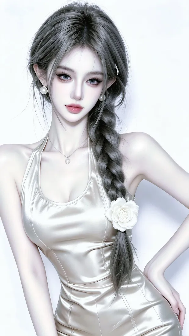清冷御姐手机壁纸｜挂脖礼服背景图片 - 麻花辫山茶花「哲风壁纸」