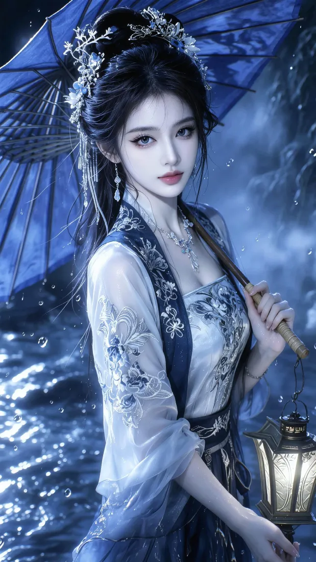 古风蓝衣美人｜水面夜景背景 - 持伞提灯清冷氛围感「哲风壁纸」