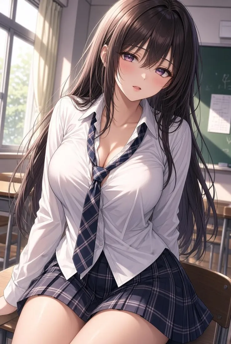 JK制服少女手机壁纸｜教室背景图片 - 黑长直紫瞳二次元女生「哲风壁纸」